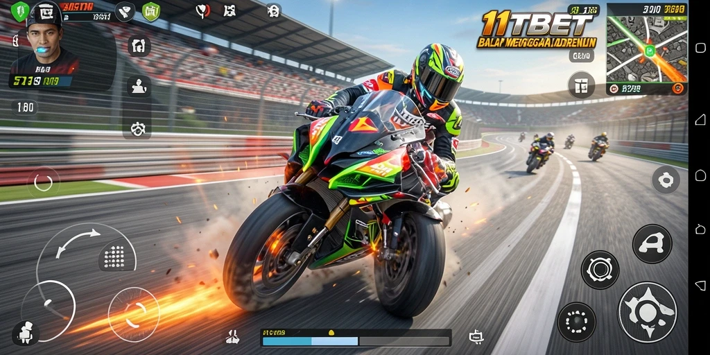 Tampilan gameplay <strong>11TBET</strong> dengan balapan motor yang menegangkan.