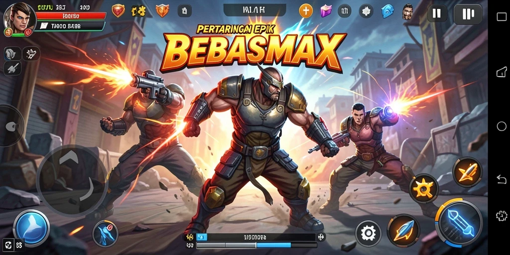 Screenshot utama BEBASMAX menunjukkan pertarungan mendebarkan antara karakter di arena.