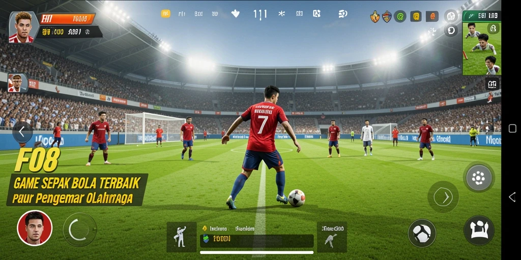 Screenshot gameplay FO8 menampilkan aksi sepak bola yang mendebarkan.