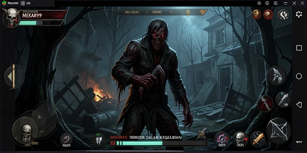 Screenshot gameplay <strong>MEKAR99</strong> menampilkan suasana mencekam dan makhluk menakutkan.