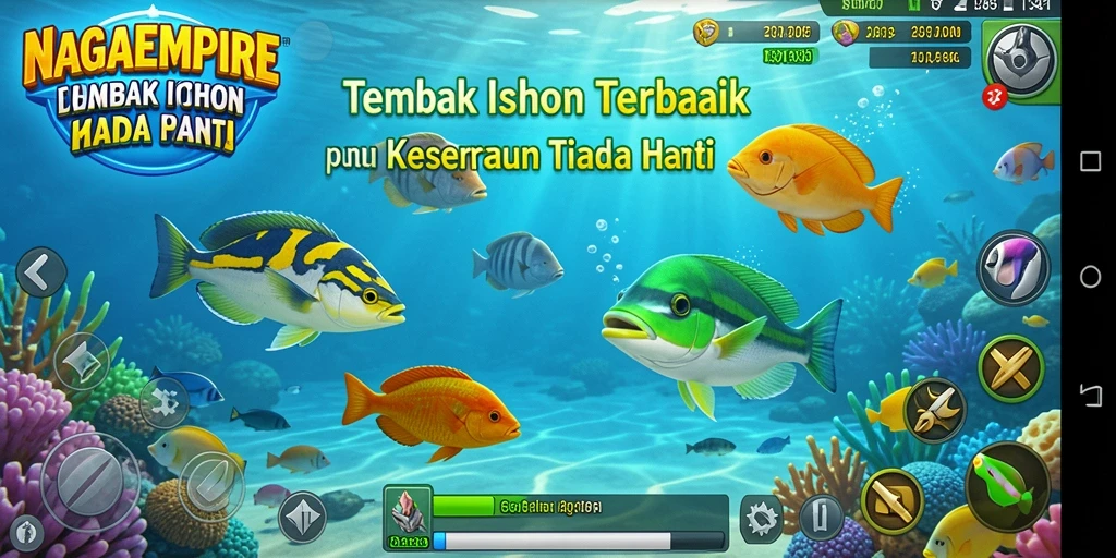 Tampilan gameplay NAGAEMPIRE dengan aksi menembak ikan yang seru.