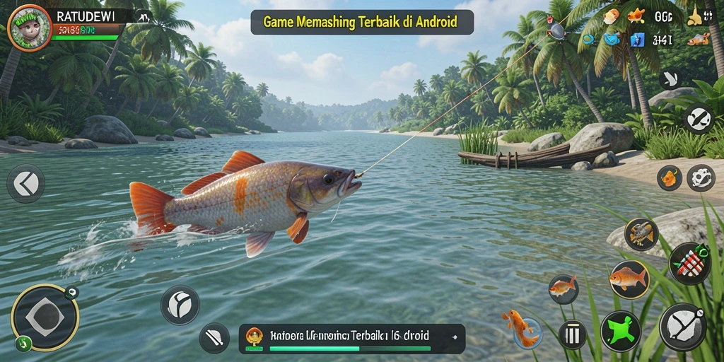 Gameplay menarik dari RATUDEWI saat memancing ikan di danau.