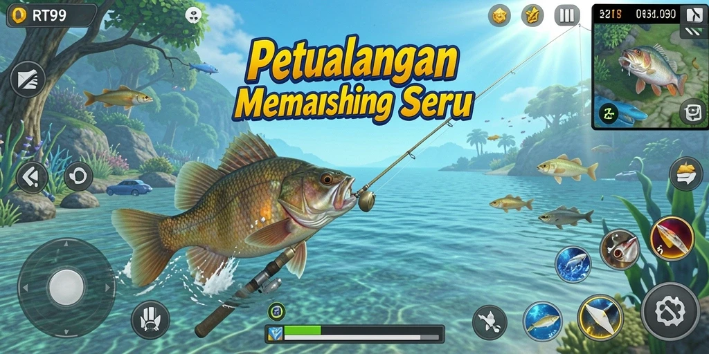 Menampilkan aksi memancing seru di RT99 dengan berbagai ikan.