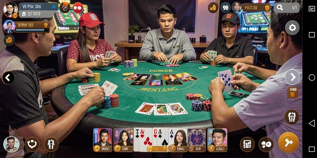 Tampilan gameplay Poker di V98 dengan antarmuka yang menarik.