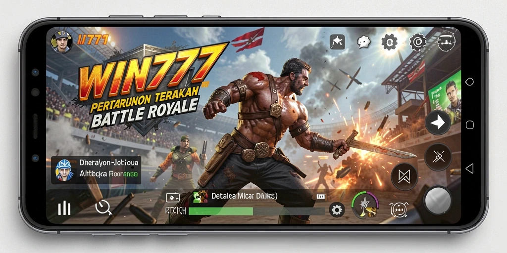 Screenshot utama WIN777 menampilkan aksi pertempuran Battle Royale yang mendebarkan.